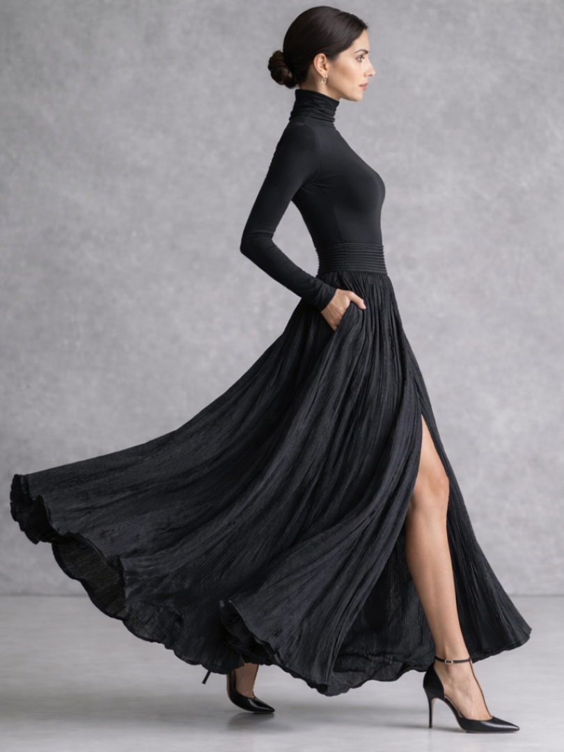 Isla | Robe maxi à col roulé et jupe plissée