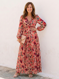 Elena | Robe Maxi Fleurie à Manches Longues et Décolleté en V