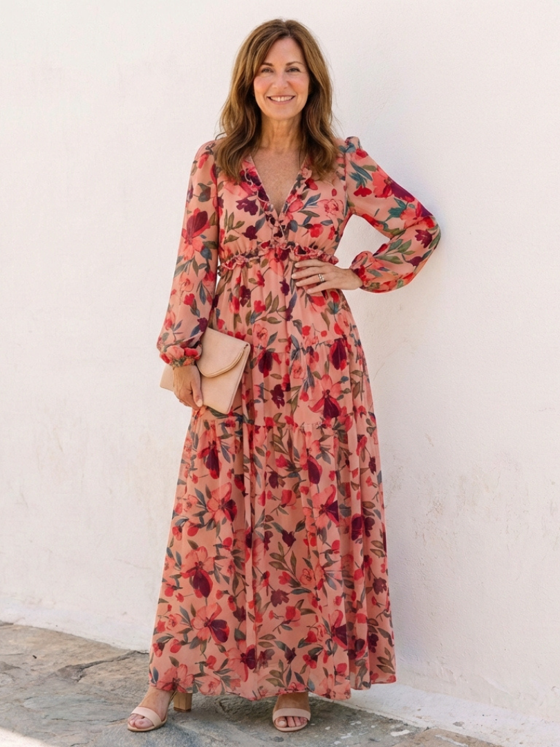 Elena | Robe Maxi Fleurie à Manches Longues et Décolleté en V