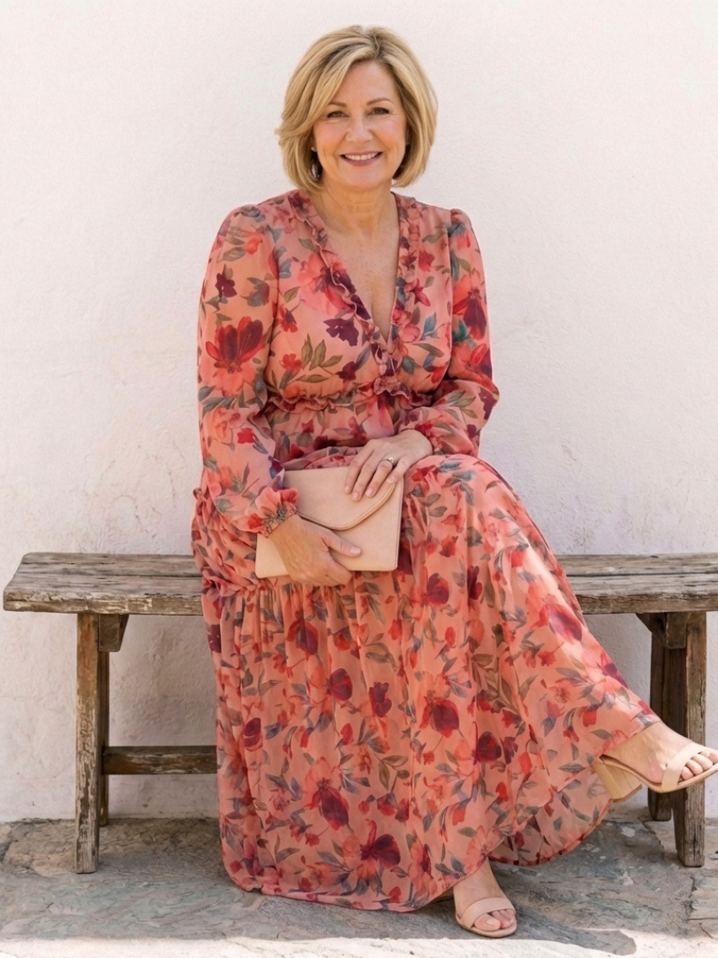 Elena | Robe Maxi Fleurie à Manches Longues et Décolleté en V