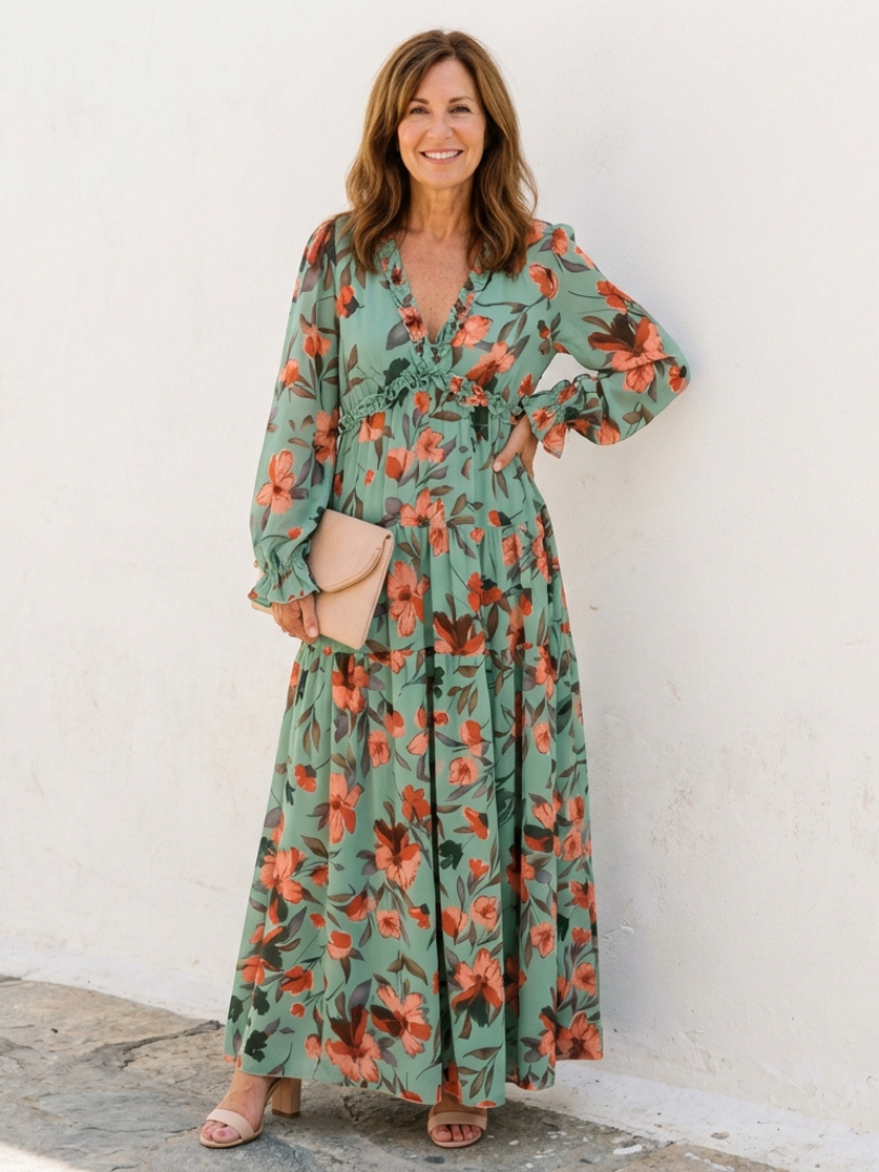 Elena | Robe Maxi Fleurie à Manches Longues et Décolleté en V