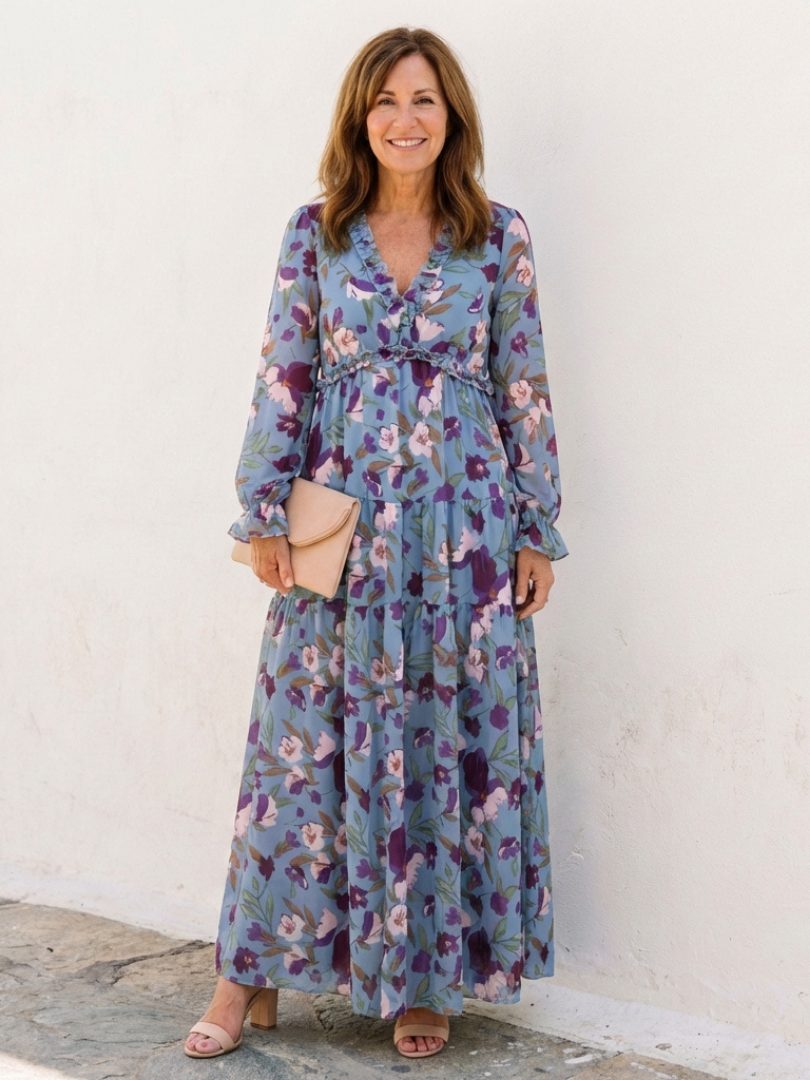Elena | Robe Maxi Fleurie à Manches Longues et Décolleté en V