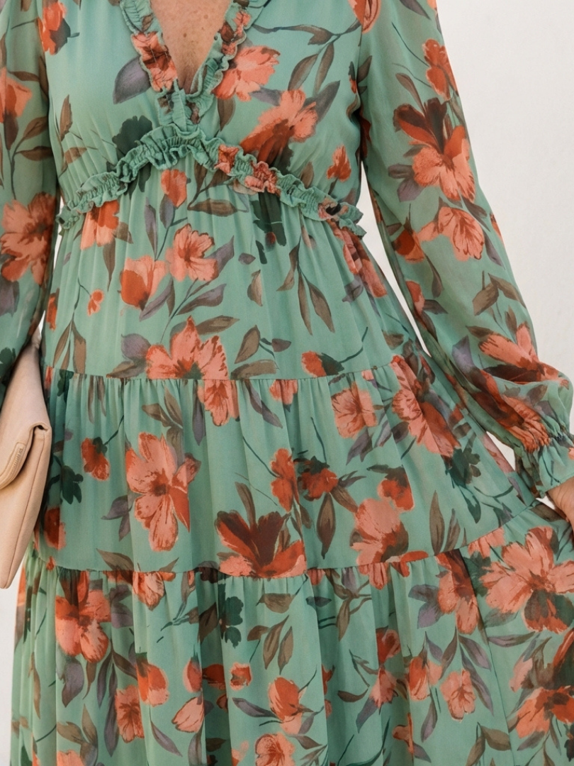 Elena | Robe Maxi Fleurie à Manches Longues et Décolleté en V