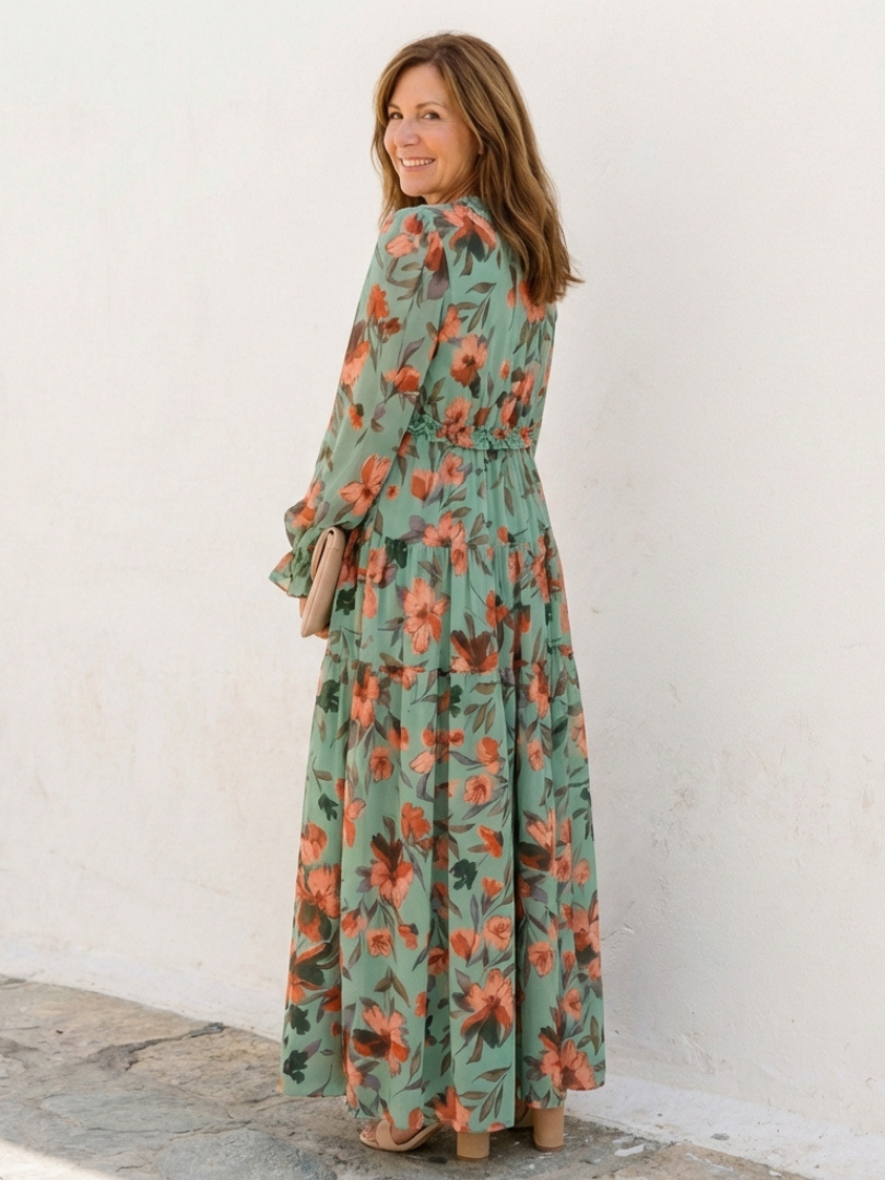 Elena | Robe Maxi Fleurie à Manches Longues et Décolleté en V