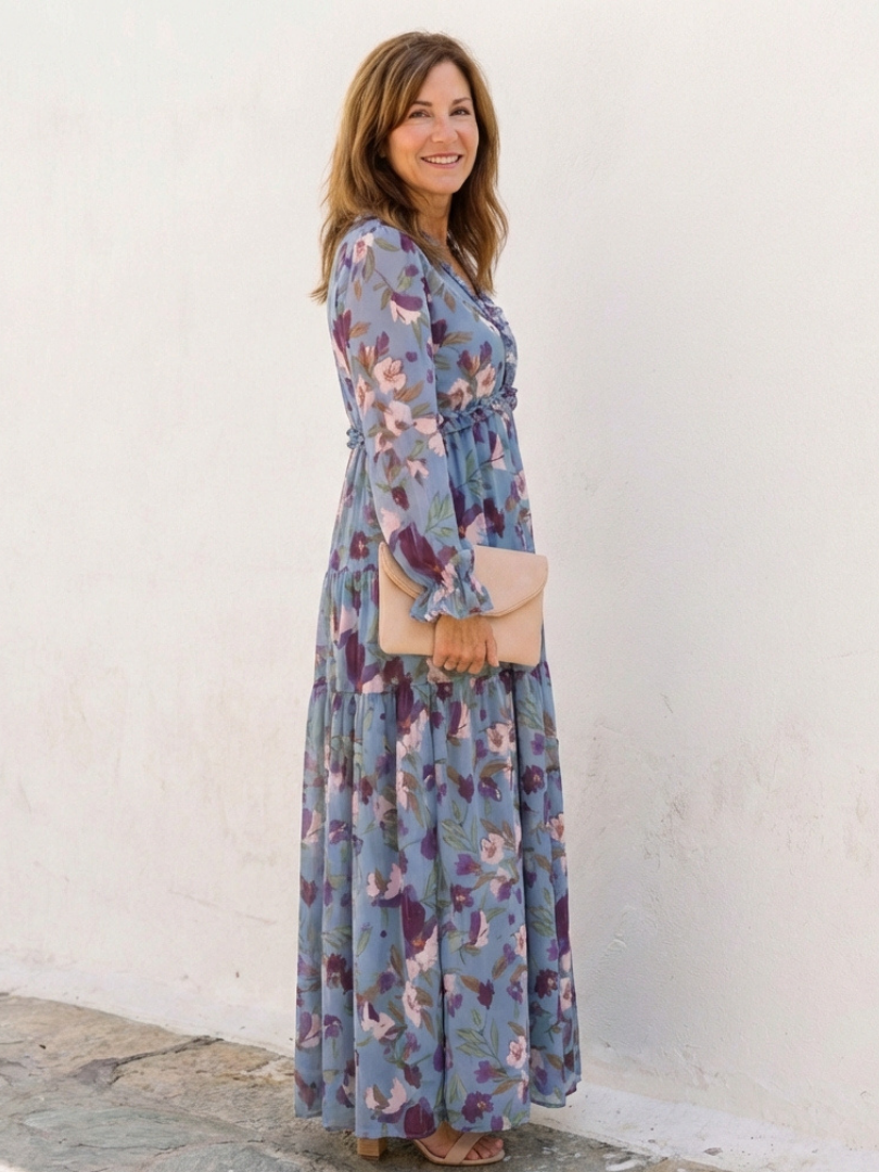 Elena | Robe Maxi Fleurie à Manches Longues et Décolleté en V