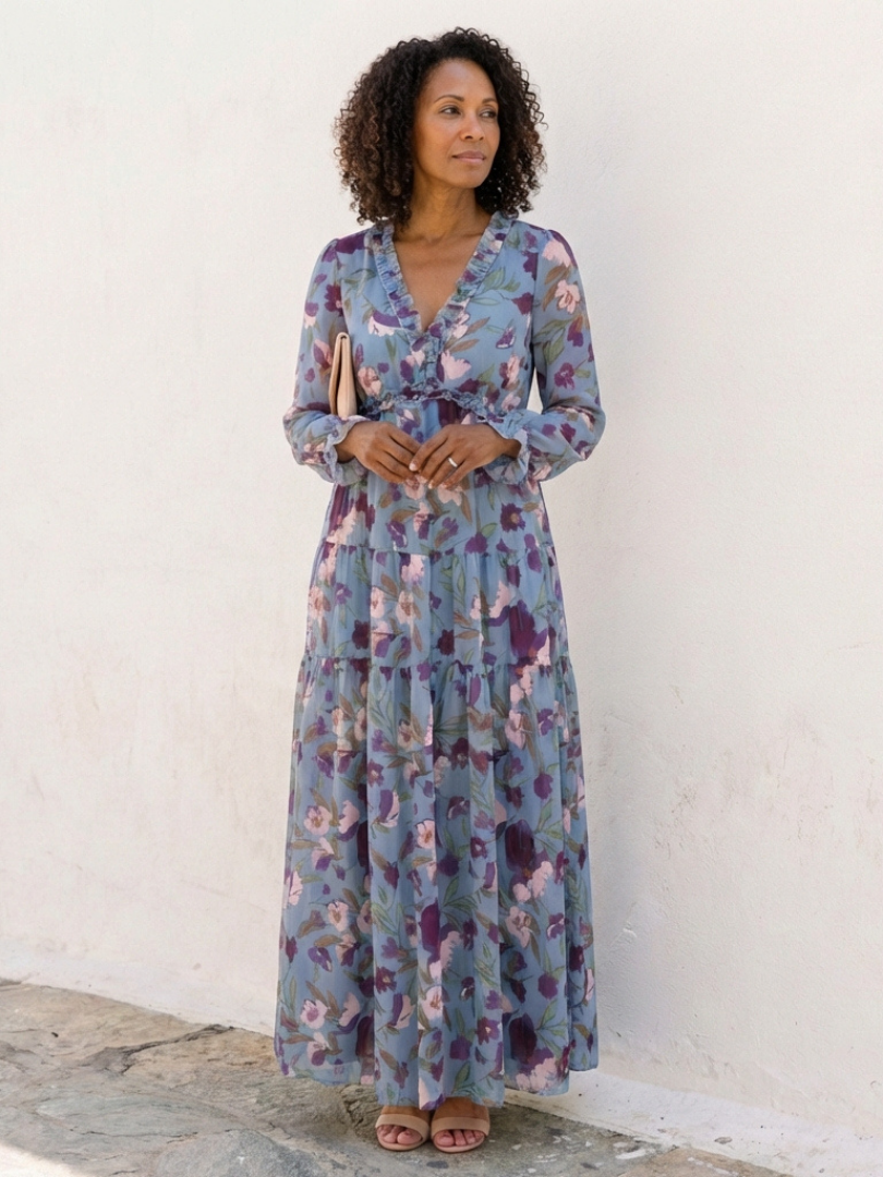 Elena | Robe Maxi Fleurie à Manches Longues et Décolleté en V