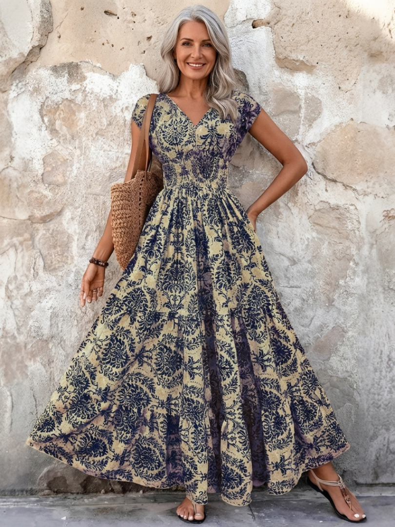 Vivienne | Robe Maxi Bohémienne à Manches Courtes en V