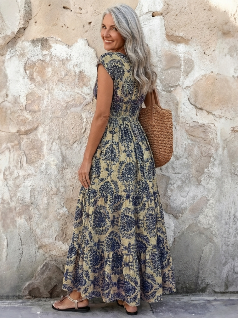 Vivienne | Robe Maxi Bohémienne à Manches Courtes en V