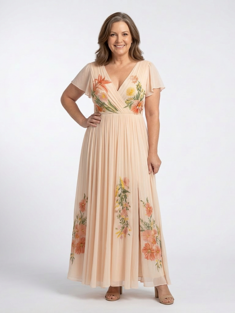Calista | Robe Maxi Fleurie à Manches Courtes en V