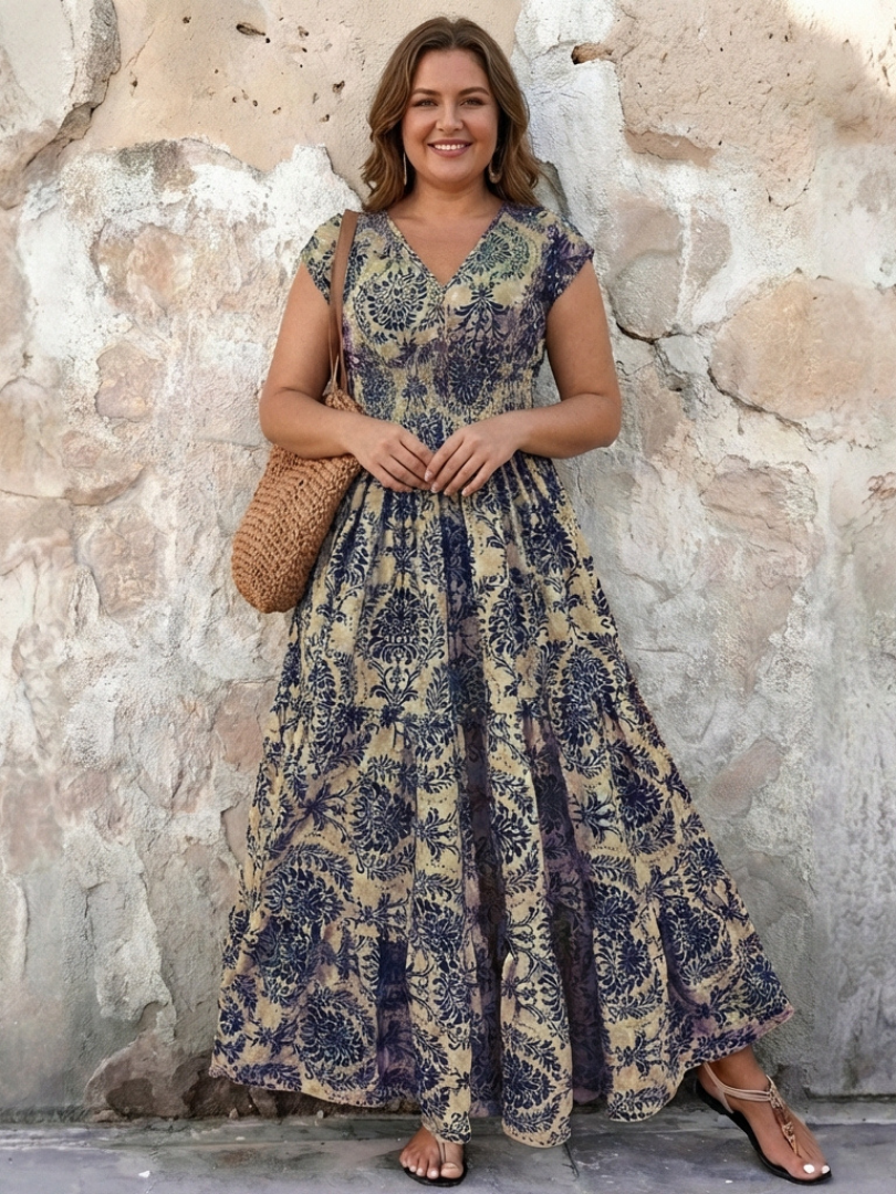 Vivienne | Robe Maxi Bohémienne à Manches Courtes en V