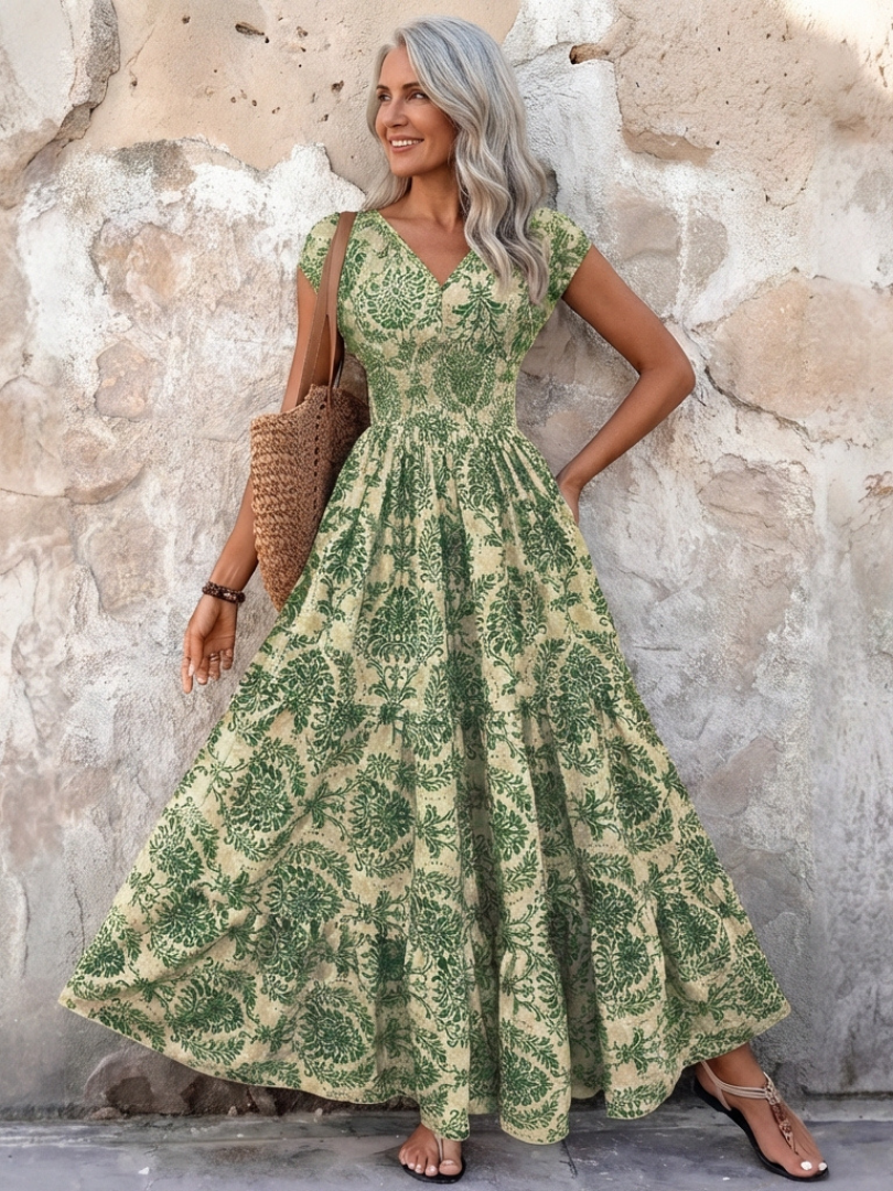 Vivienne | Robe Maxi Bohémienne à Manches Courtes en V