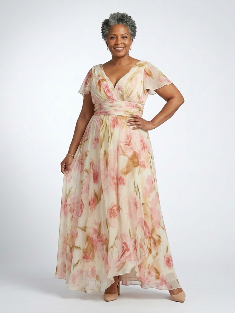 Elara | Robe Maxi Fleurie à Manches Courtes en V