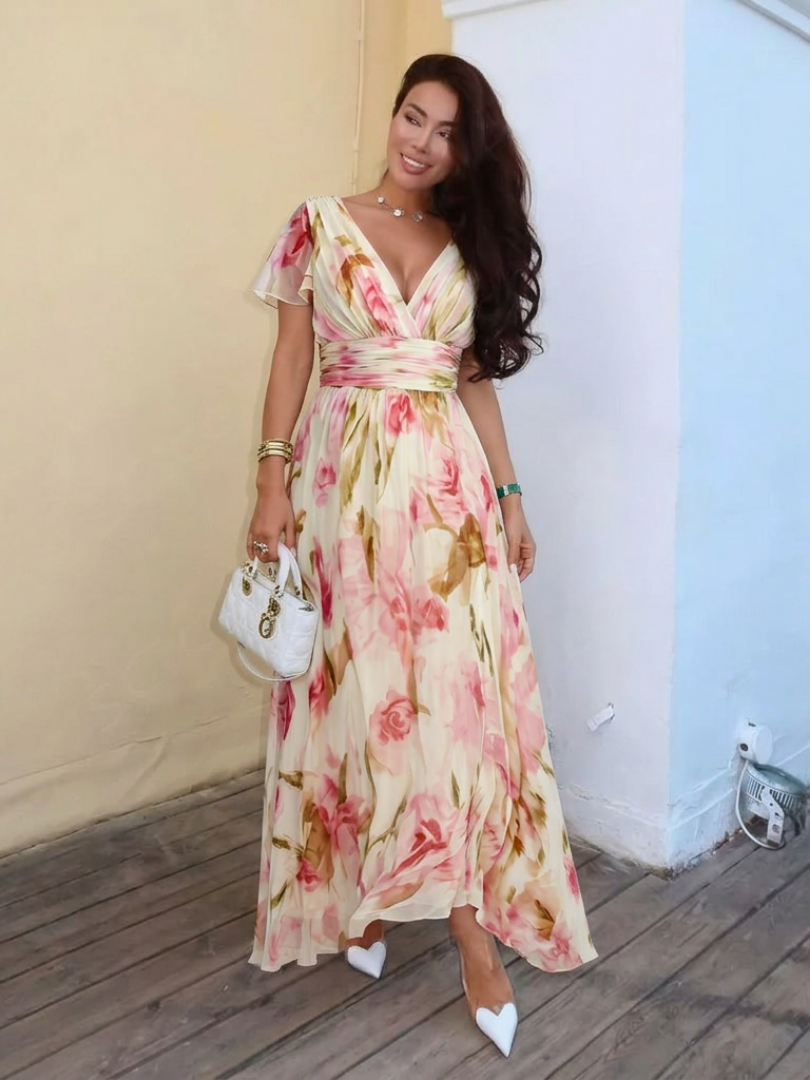 Elara | Robe Maxi Fleurie à Manches Courtes en V