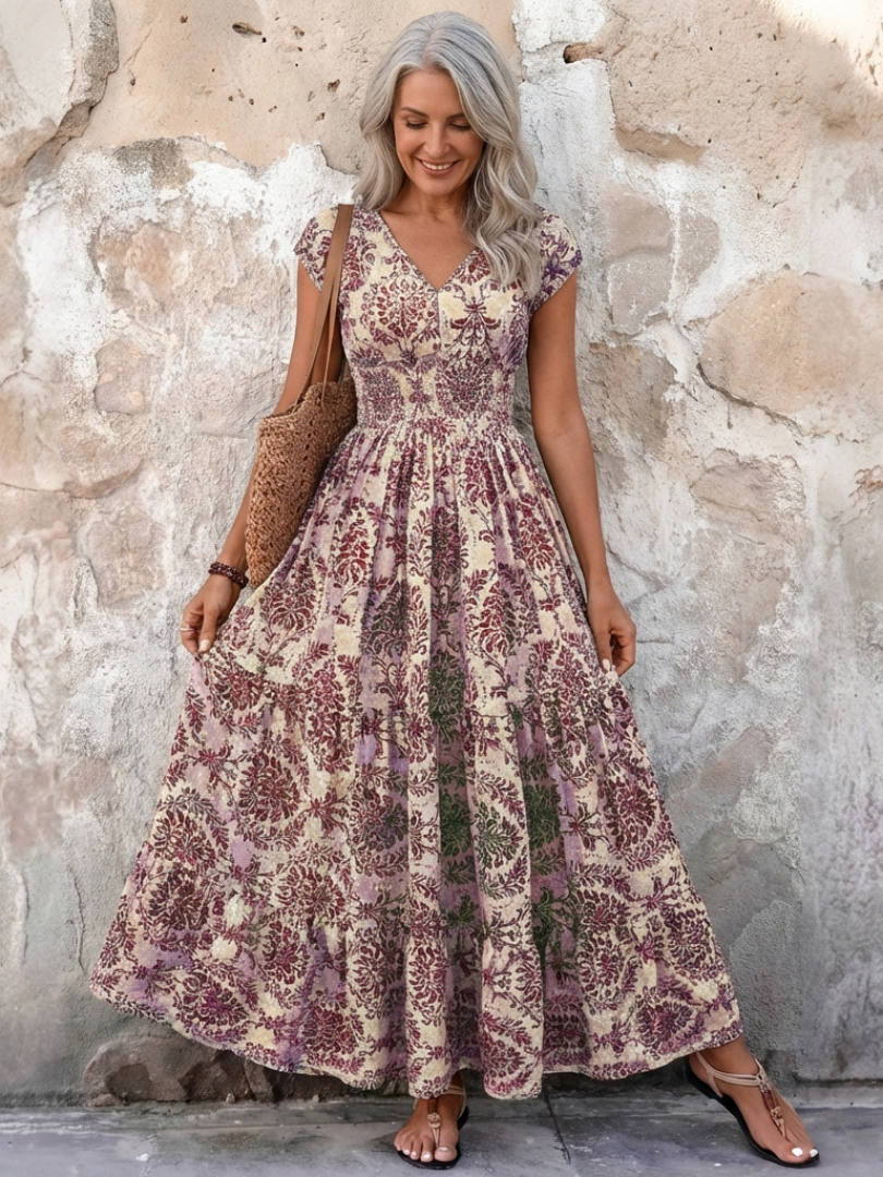 Vivienne | Robe Maxi Bohémienne à Manches Courtes en V