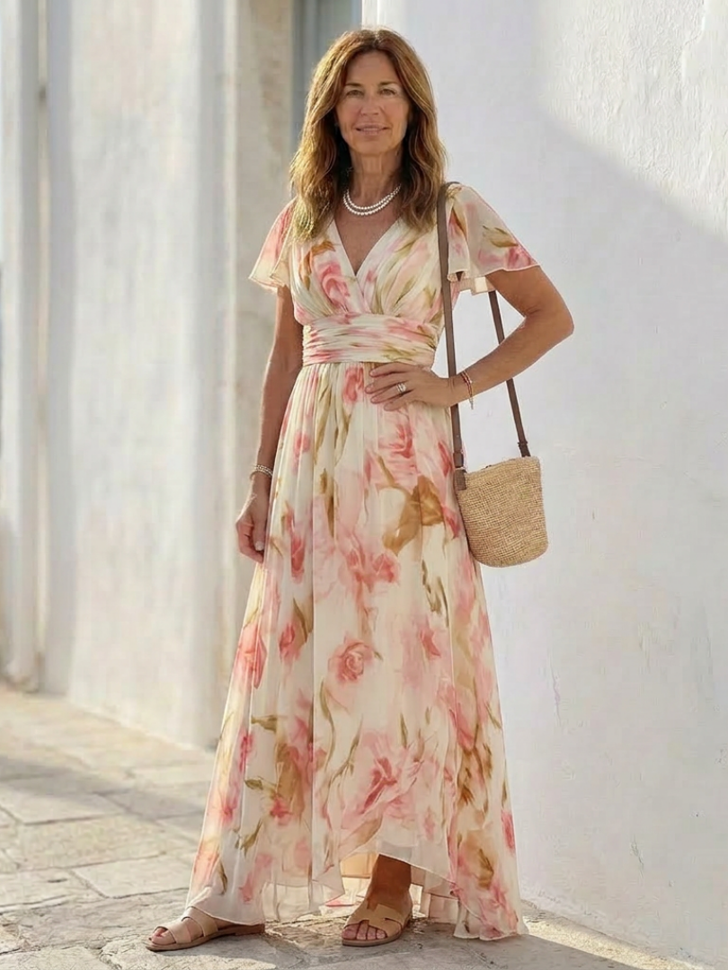 Elara | Robe Maxi Fleurie à Manches Courtes en V