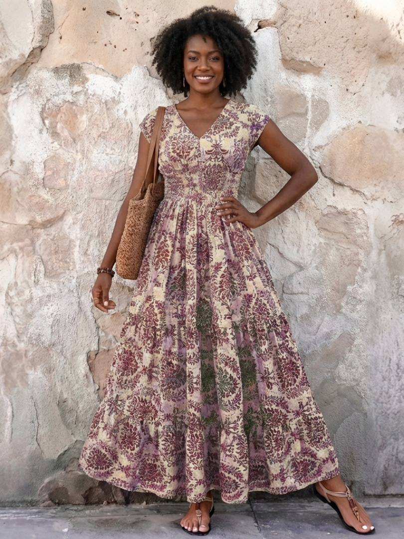 Vivienne | Robe Maxi Bohémienne à Manches Courtes en V
