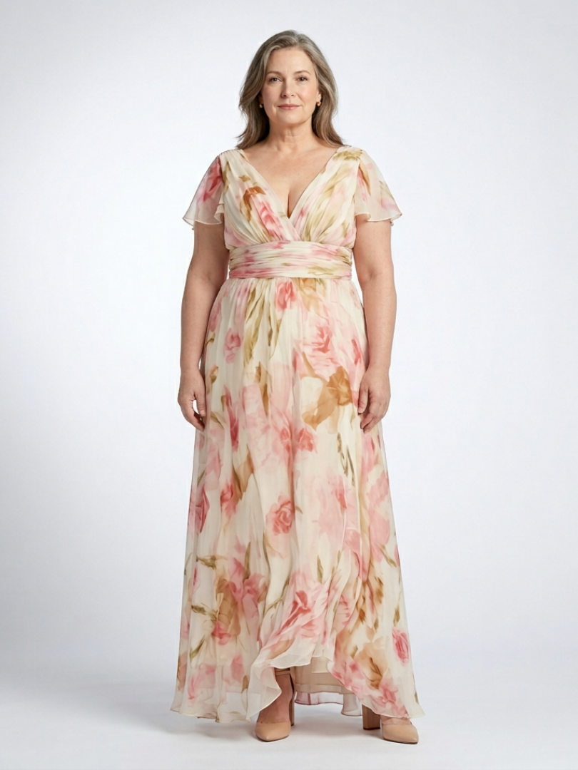 Elara | Robe Maxi Fleurie à Manches Courtes en V