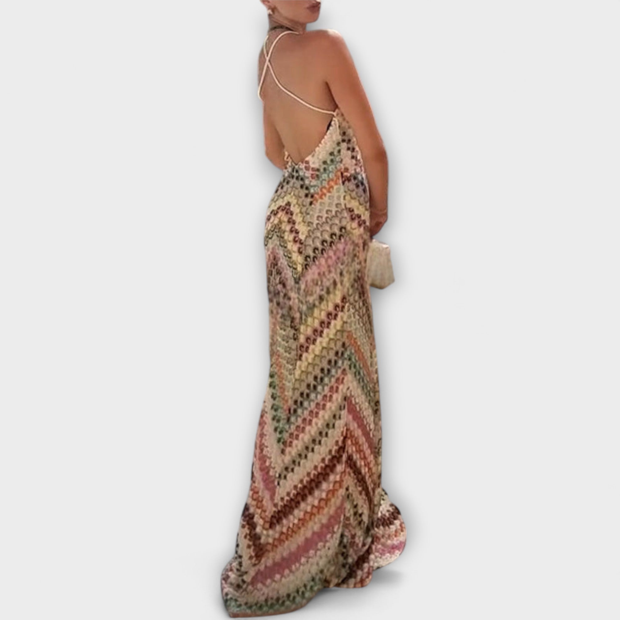 Robe Longue en Tricot avec Imprimé Zigzag et Décolleté en V Profond