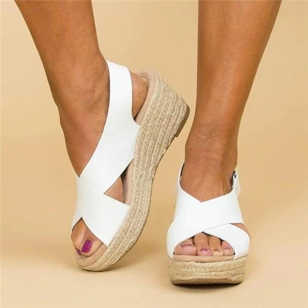 Sandales en Cuir à Talon Wedge Type Espadrille avec Bandes Croisées pour Femme