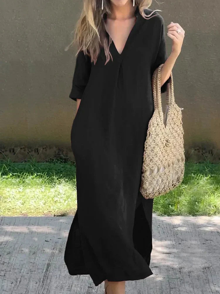 Robe femme unie avec décolleté en V, poche et décolleté en V