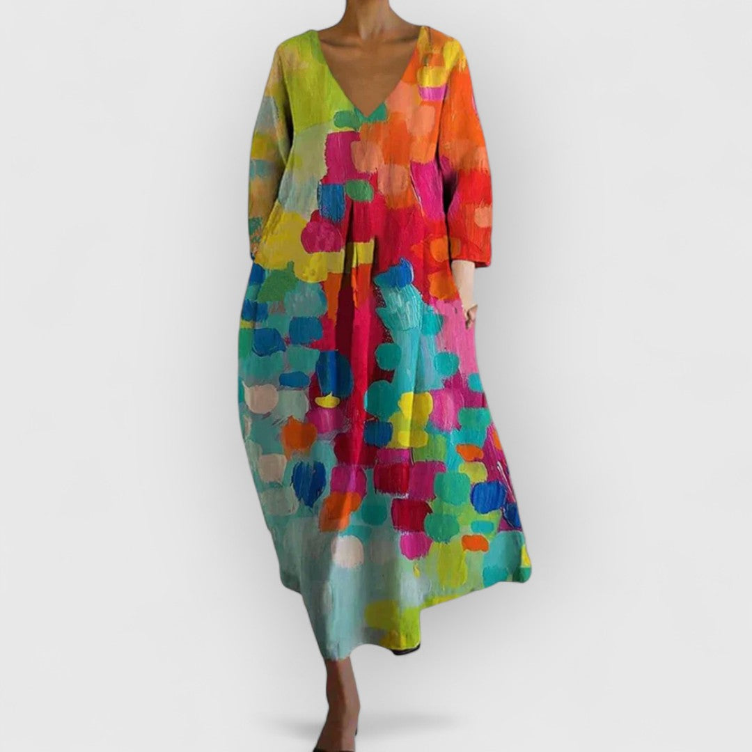 Robe Longue pour Femme avec Col en V et Imprimé de Taches de Peinture Art