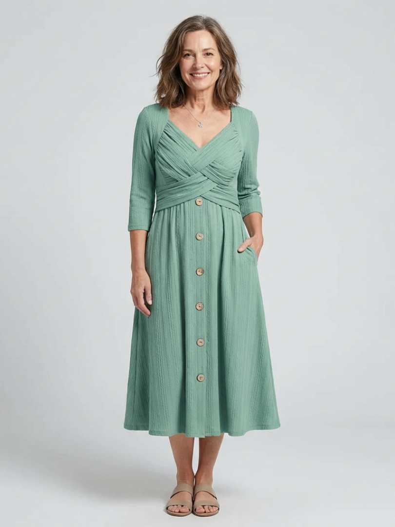 Isolde | Robe Midi à Col V Plissée Croisée avec Boutons