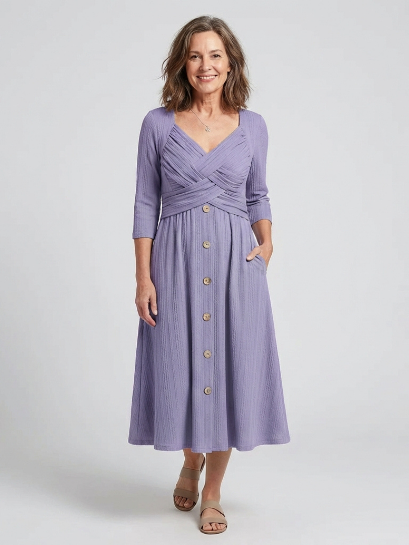 Isolde | Robe Midi à Col V Plissée Croisée avec Boutons
