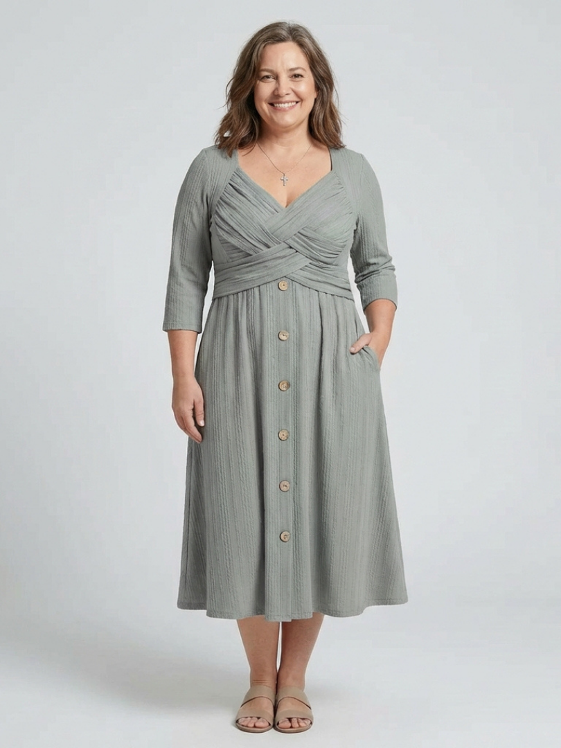 Isolde | Robe Midi à Col V Plissée Croisée avec Boutons