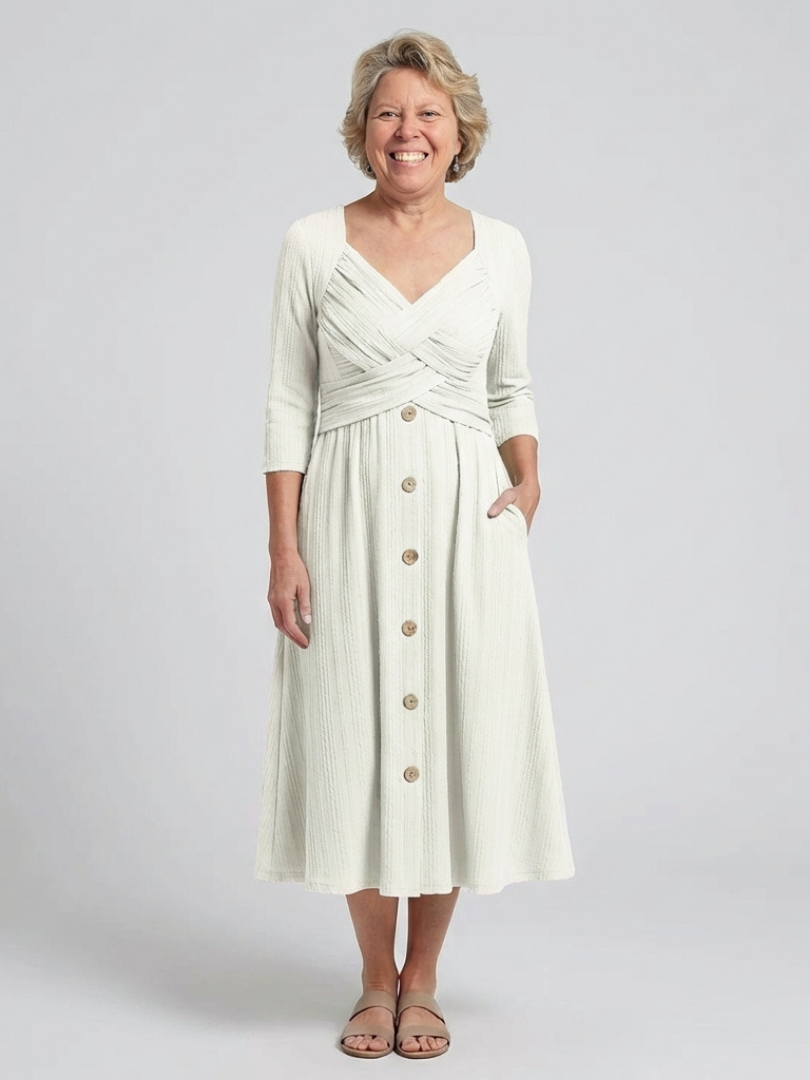 Isolde | Robe Midi à Col V Plissée Croisée avec Boutons