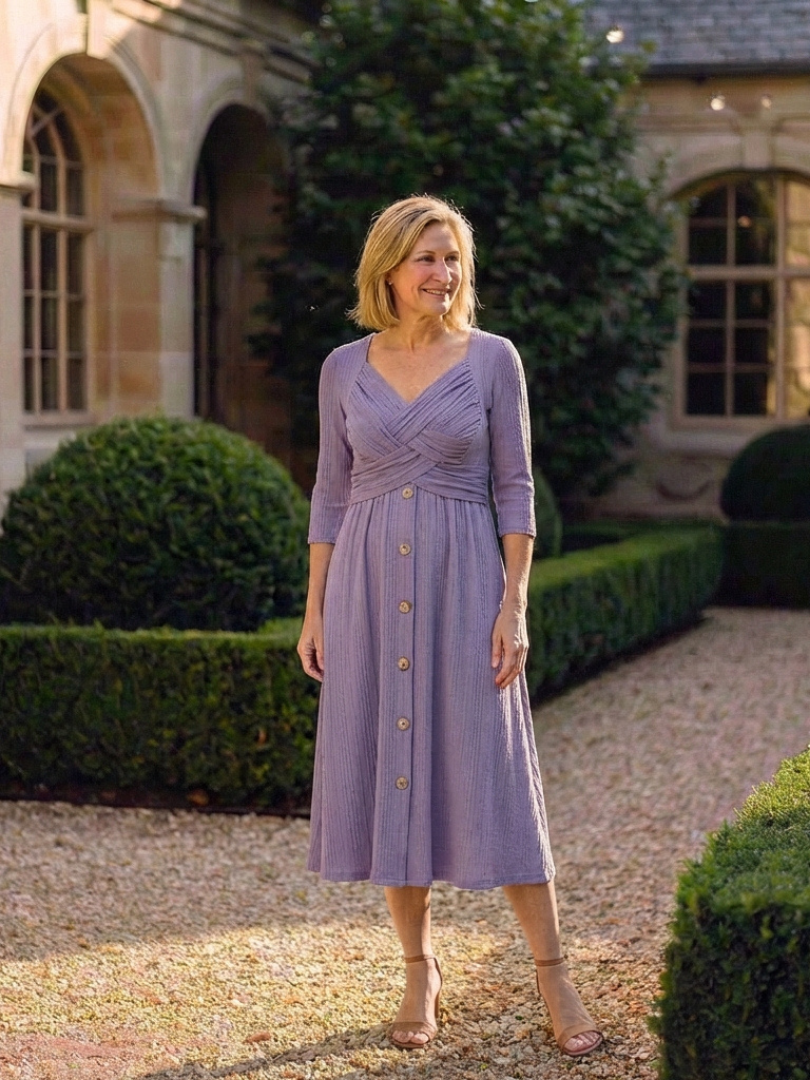 Isolde | Robe Midi à Col V Plissée Croisée avec Boutons