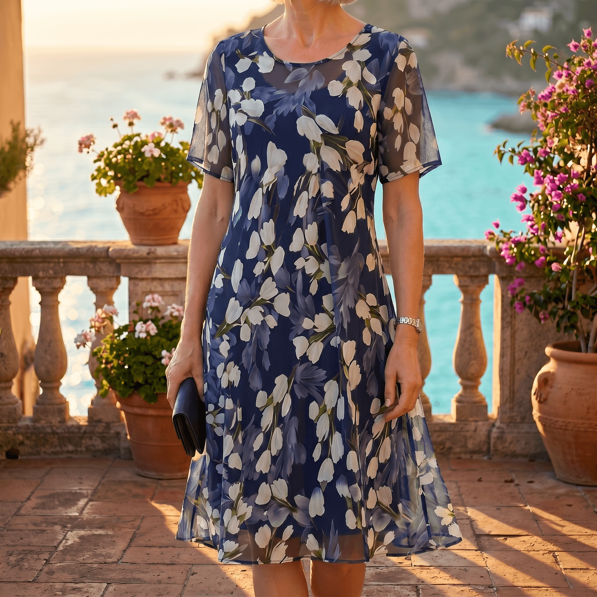 Florenza – Robe Midi Florale Élégante Marine pour Femmes
