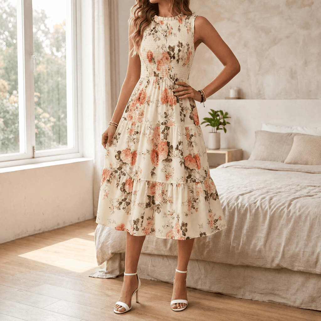 Florenza – Robe midi florale à smocks pour femmes