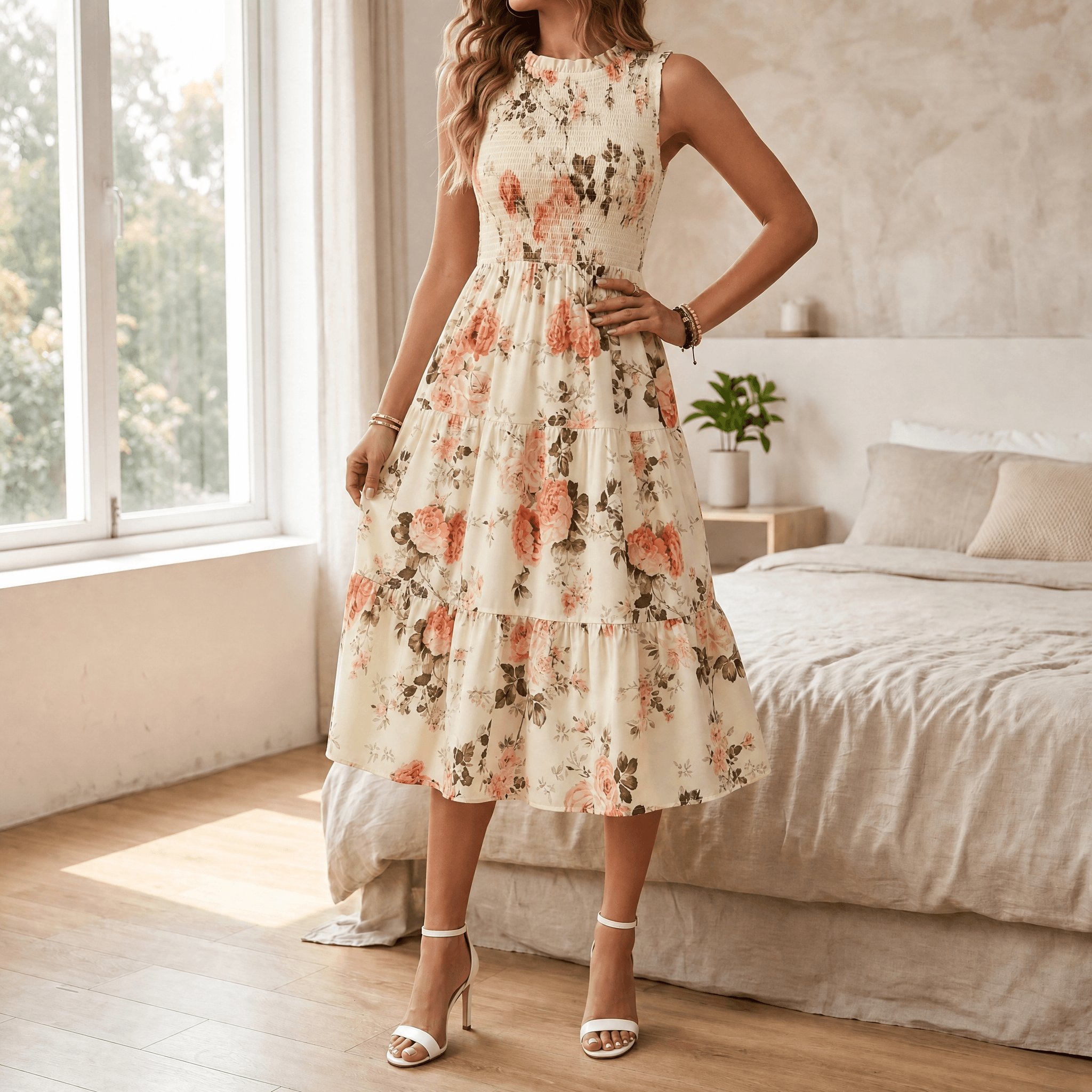 Florenza – Robe midi florale à smocks pour femmes