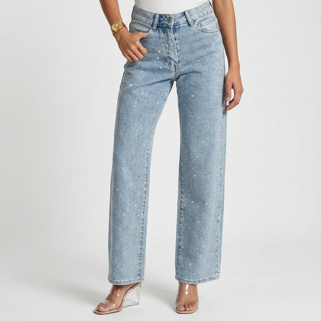 Jean Femme Pailleté Jambe Large Taille Haute Pantalon Denim Tendance