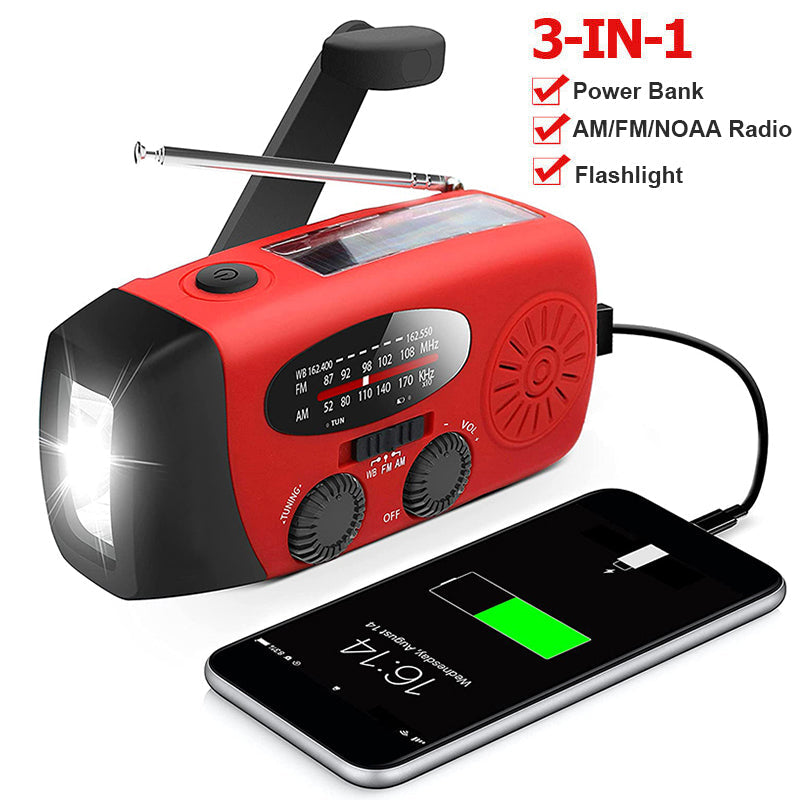 Radio d'Urgence Autonome – Manivelle, Solaire, Lampe de Poche & Batterie Externe – Radio FM/AM, Indispensable en Cas de Catastrophes et d'Urgences