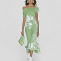 Robe Midi Élégante Femme Robe Fleurie Épaules Dénudées Été