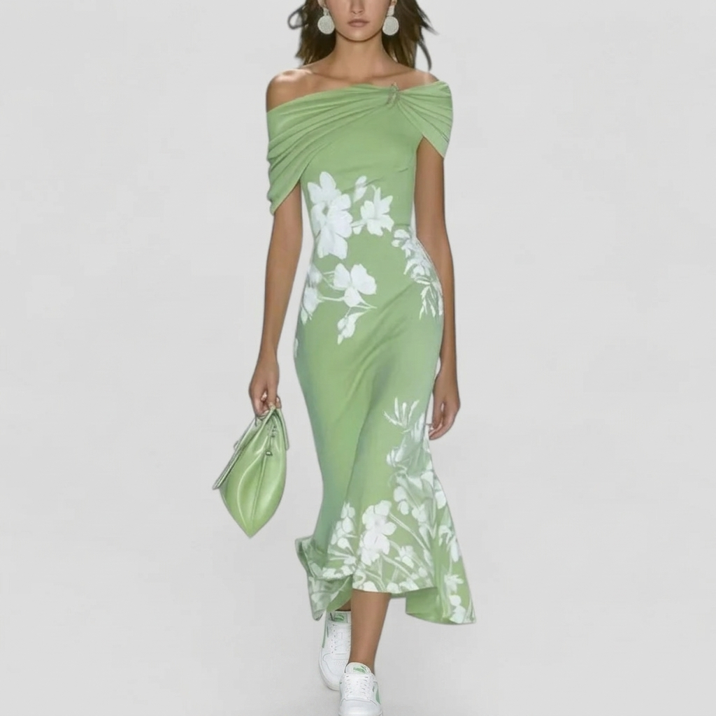 Robe Midi Élégante Femme Robe Fleurie Épaules Dénudées Été