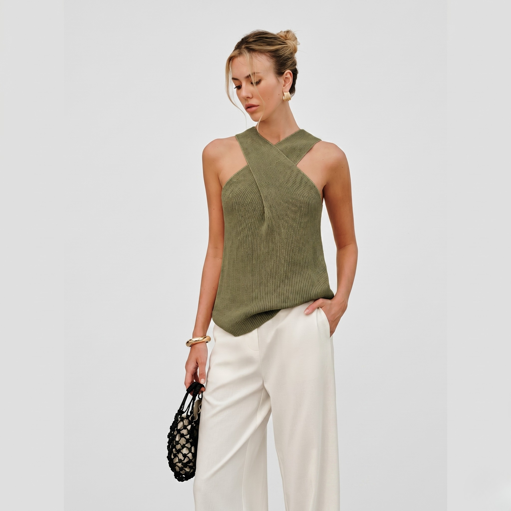 Haut Femme Col Halter Croisé Sans Manches Élégant d’Été