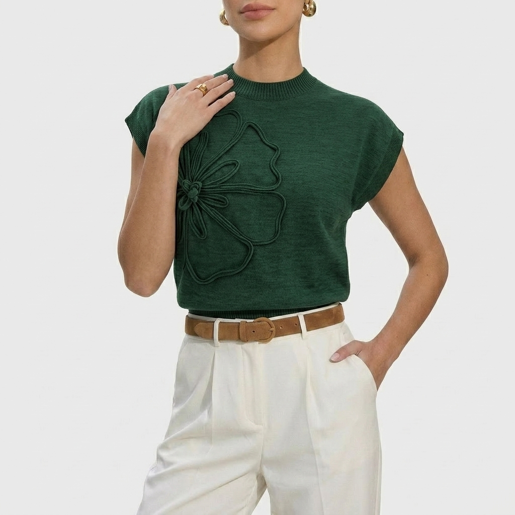 Haut Femme Maille avec Appliqué Fleur Manches Courtes Élégant