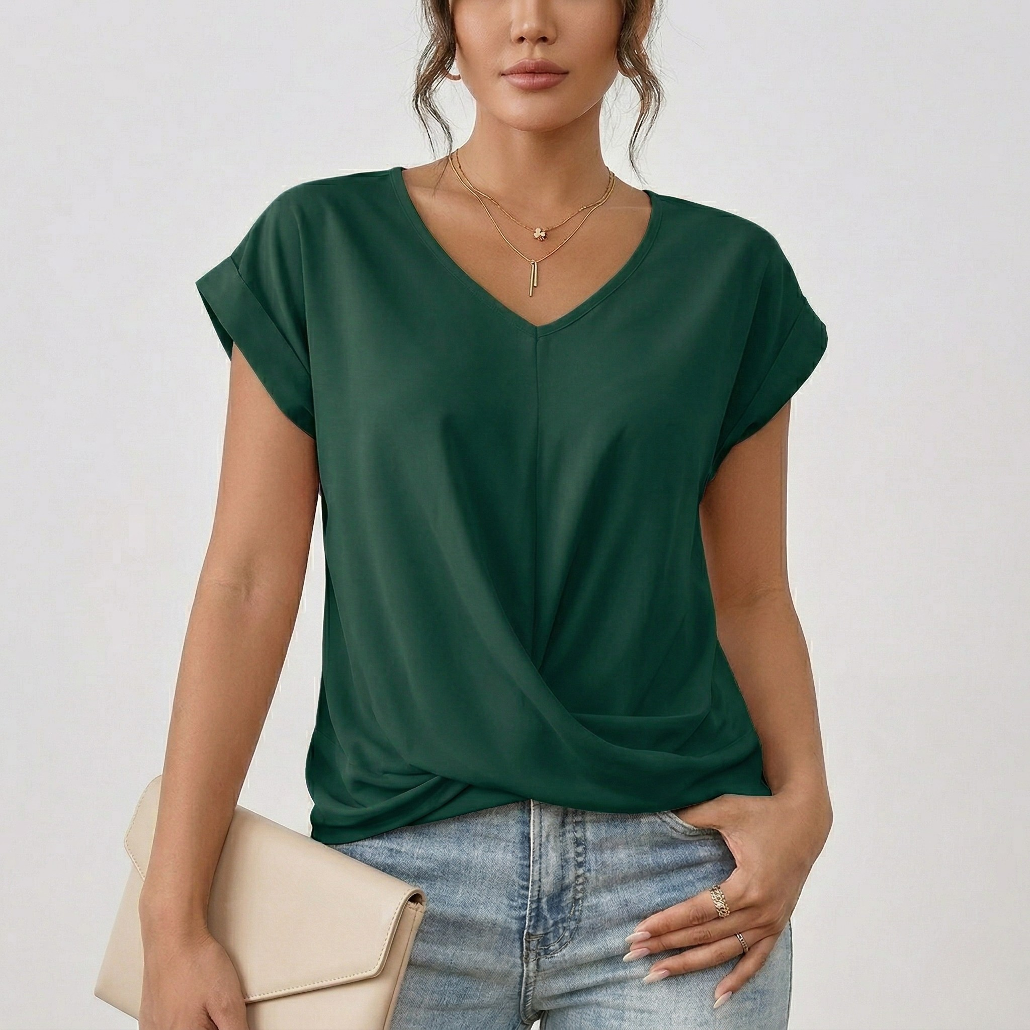 T Shirt Femme Col V Détail Croisé Style Décontracté Quotidien