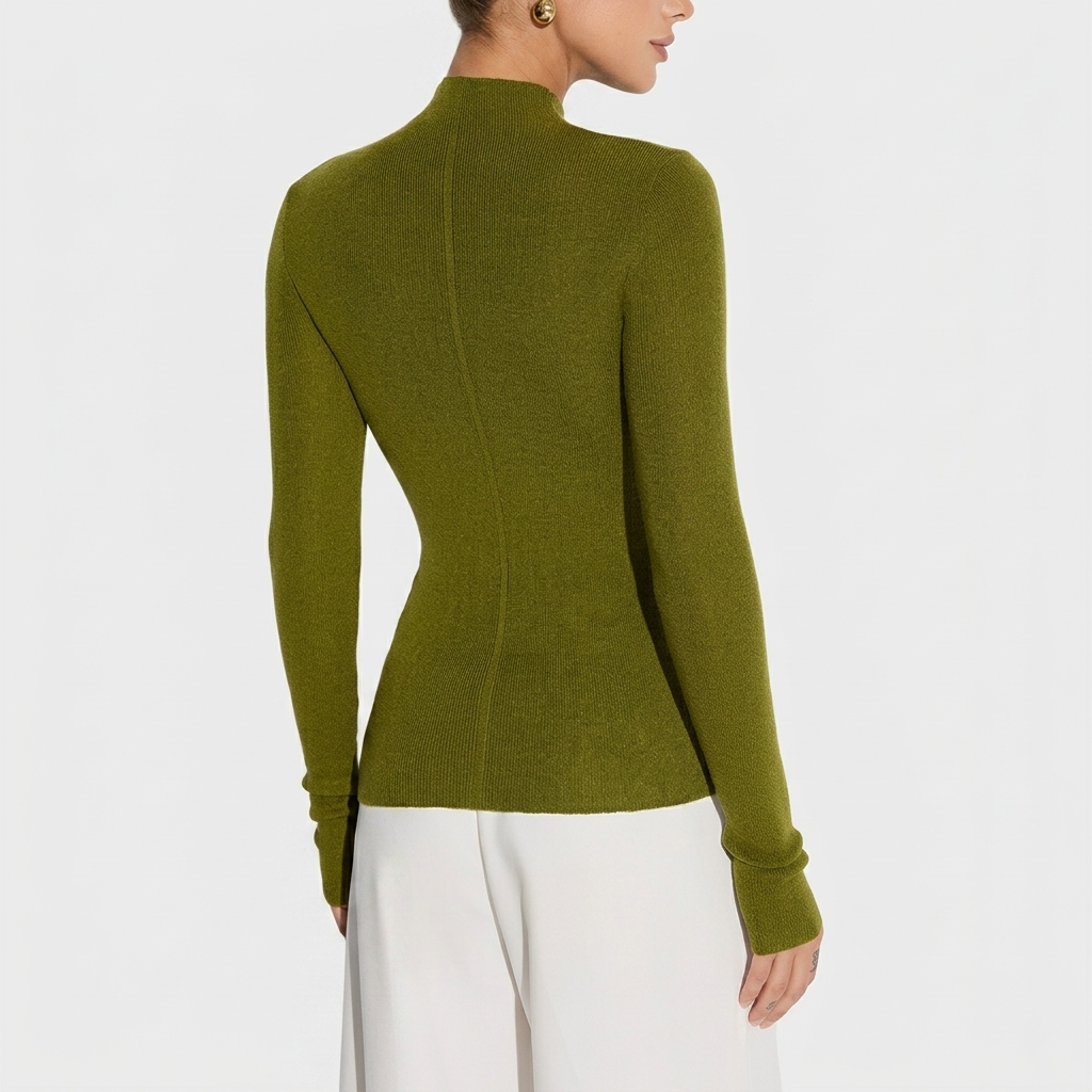 Haut Femme Col Montant Maille Coupe Ajustée Manches Longues Élégant
