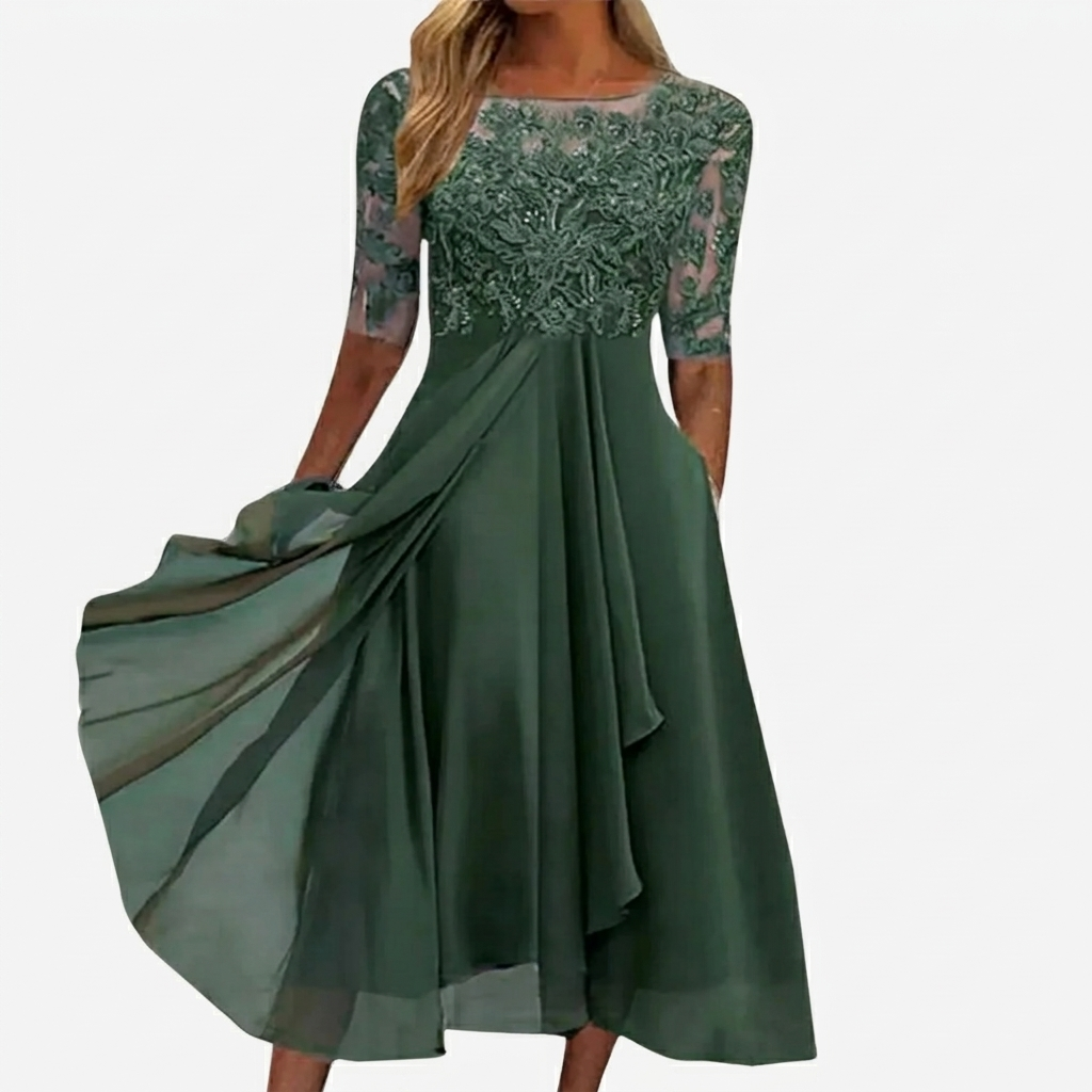 Robe Femme Élégante Dentelle Robe Midi Fluide Habillée