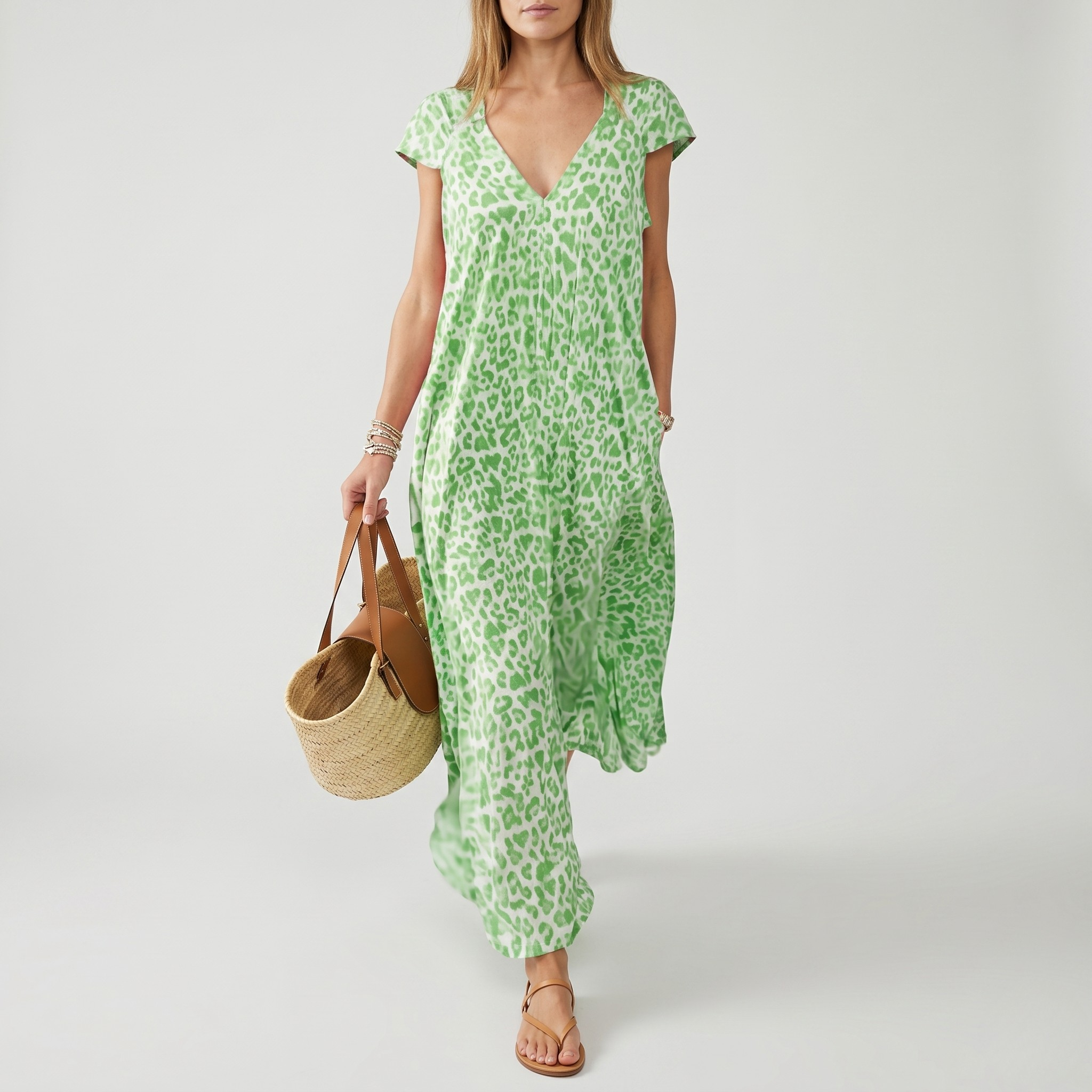 Robe Longue Imprimée Col V Femme Robe Maxi Été à Manches Courtes