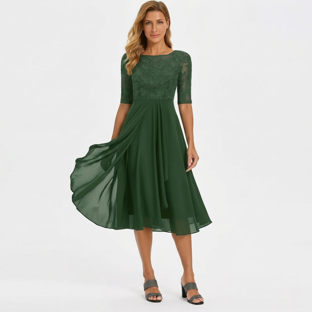 Robe Midi Femme Élégante Coupe A Robe Fluide Dentelle Habillée