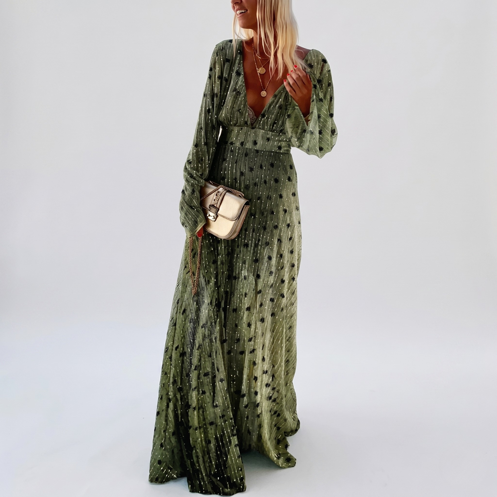 Robe Maxi Fleurie Bohème Femme Robe Longue Élégante Manches Longues Col V