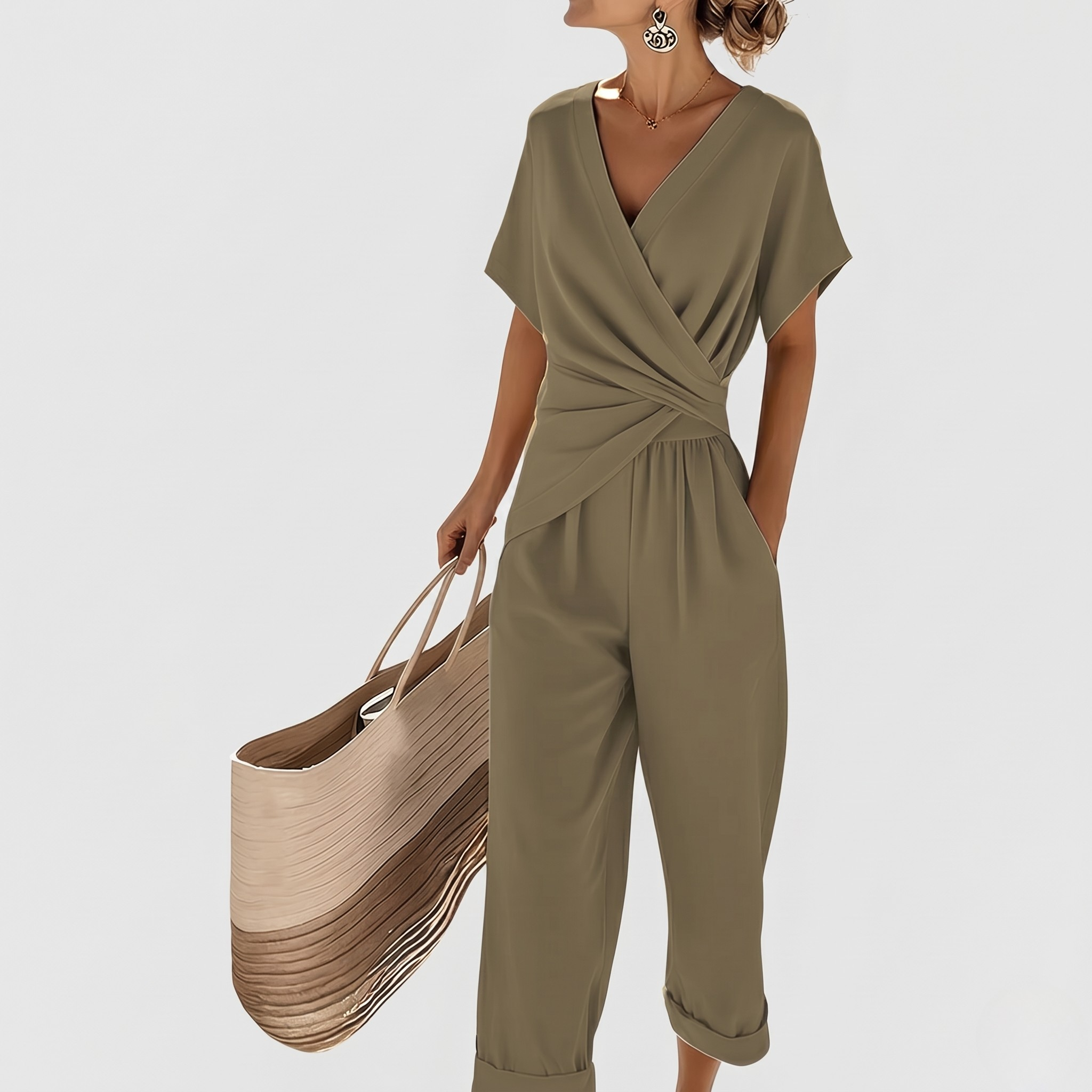 Combinaison Femme Style Cache-Cœur Élégante Coupe Ample Décontractée Chic