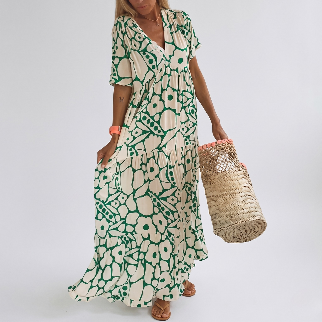 Robe Ample Imprimée Col V Femme Robe Maxi Décontractée d’Été