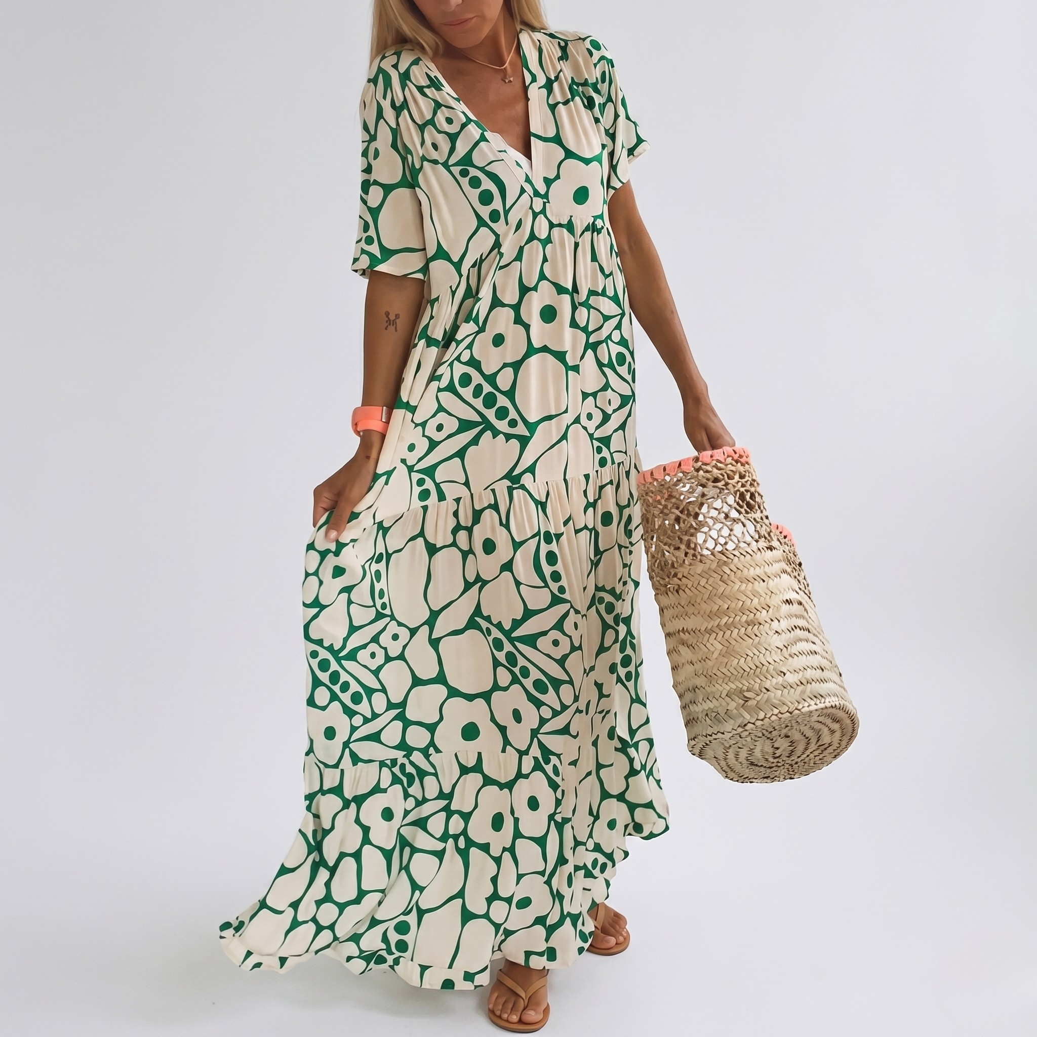 Robe Ample Imprimée Col V Femme Robe Maxi Décontractée d’Été