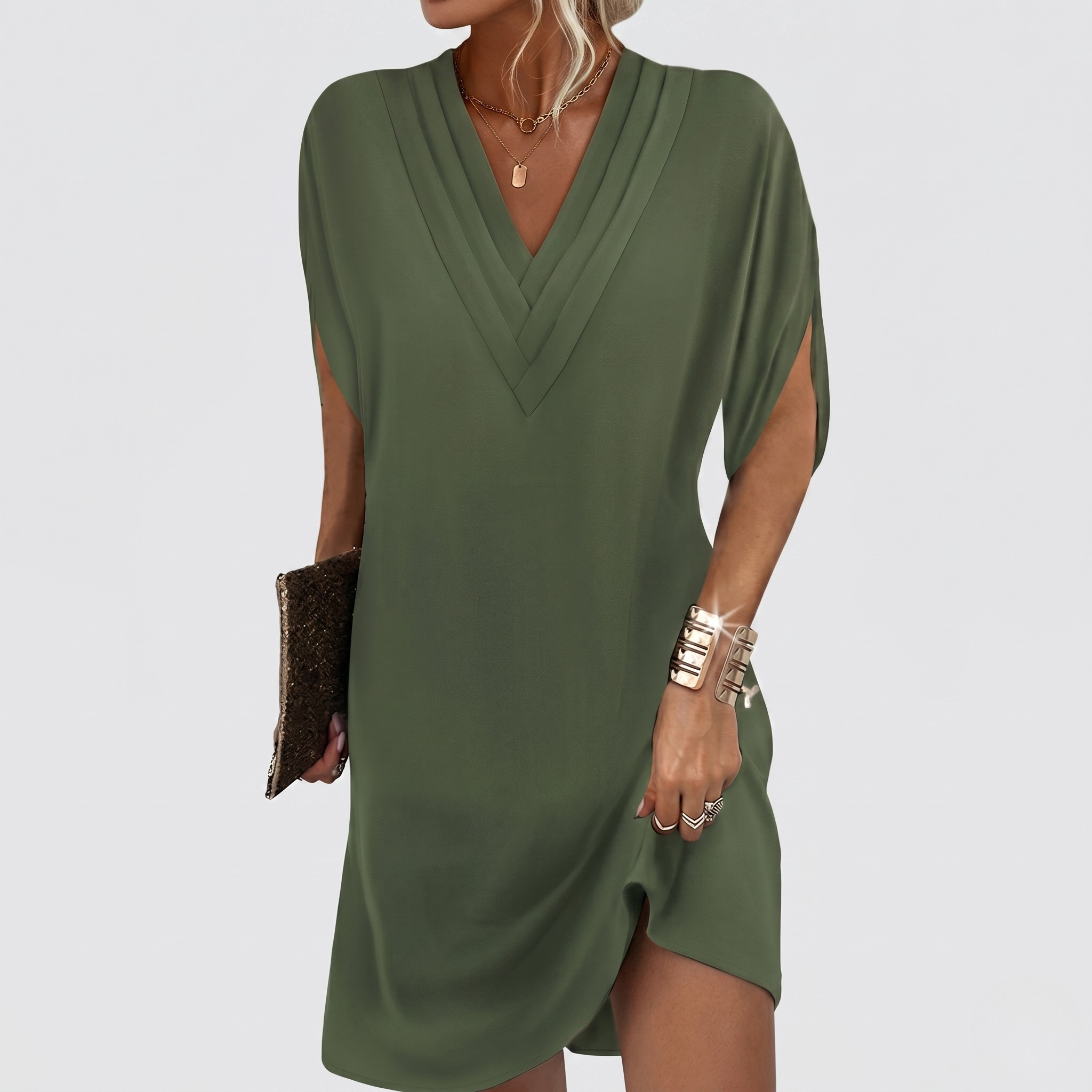 Robe Élégante Unie Femme Robe Col V avec Manches Fendues Style Cache-Cœur