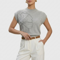 Haut Femme Maille avec Appliqué Fleur Manches Courtes Élégant